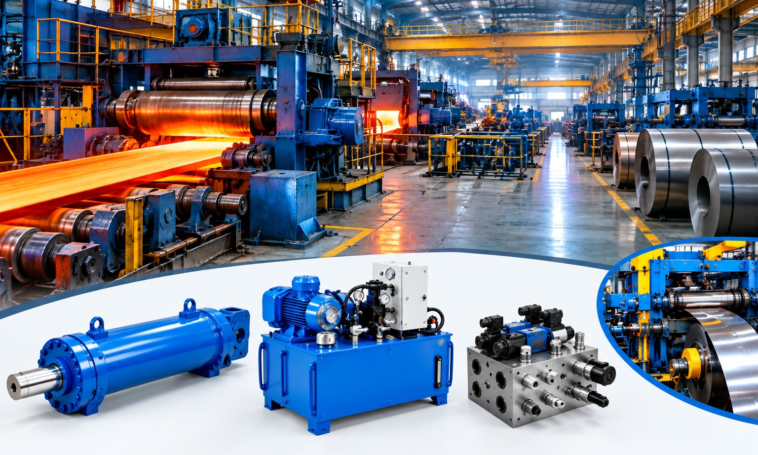 NHE hydraulic cylinders, power pack and manifold block with a steel rolling mill